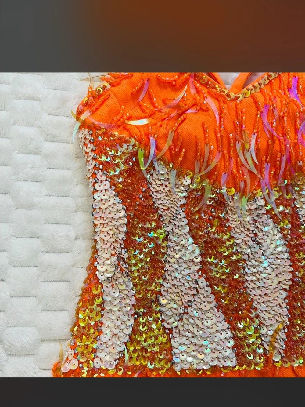 Glamour Orange Sequin & Feather Dance One-Piece